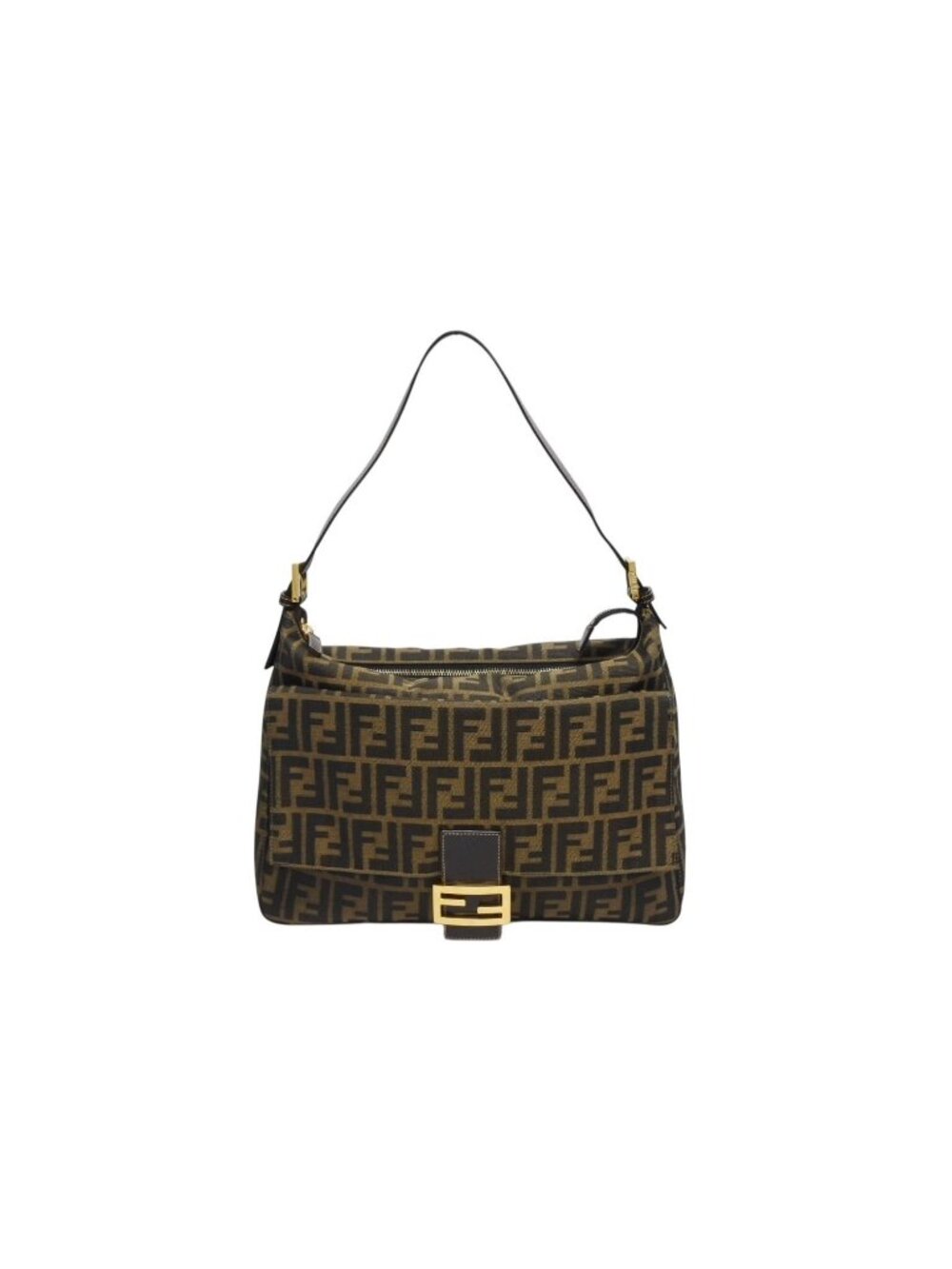 Fendi Mamma Baguette Handbag Zucca Pattern Brown Leather Canvas Gold